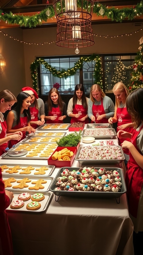 A lively Christmas baking party with decorated cookies and cupcakes on a festive table.